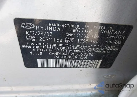 2013 Hyundai Elantra Gls из США, поврежденный, VIN KMHDH4AE7DU533369